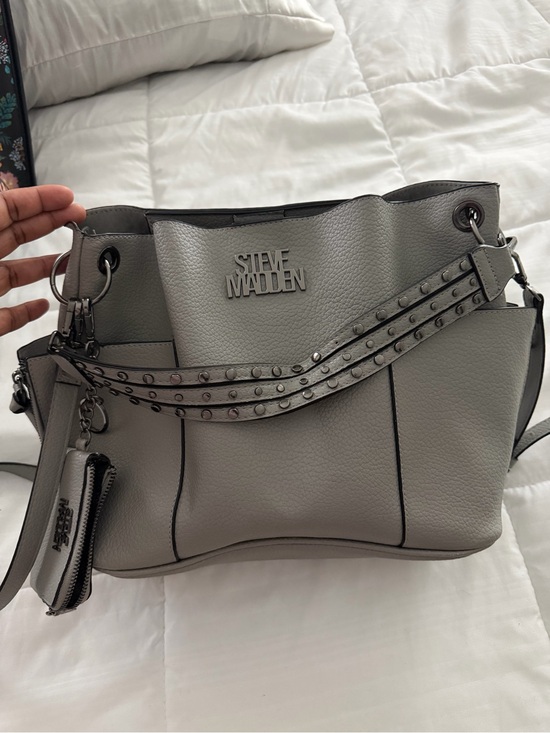 Steve Madden Handbags - Steve Madden Light Gray Pebbled Leather Shoulder Bag with Studded Straps